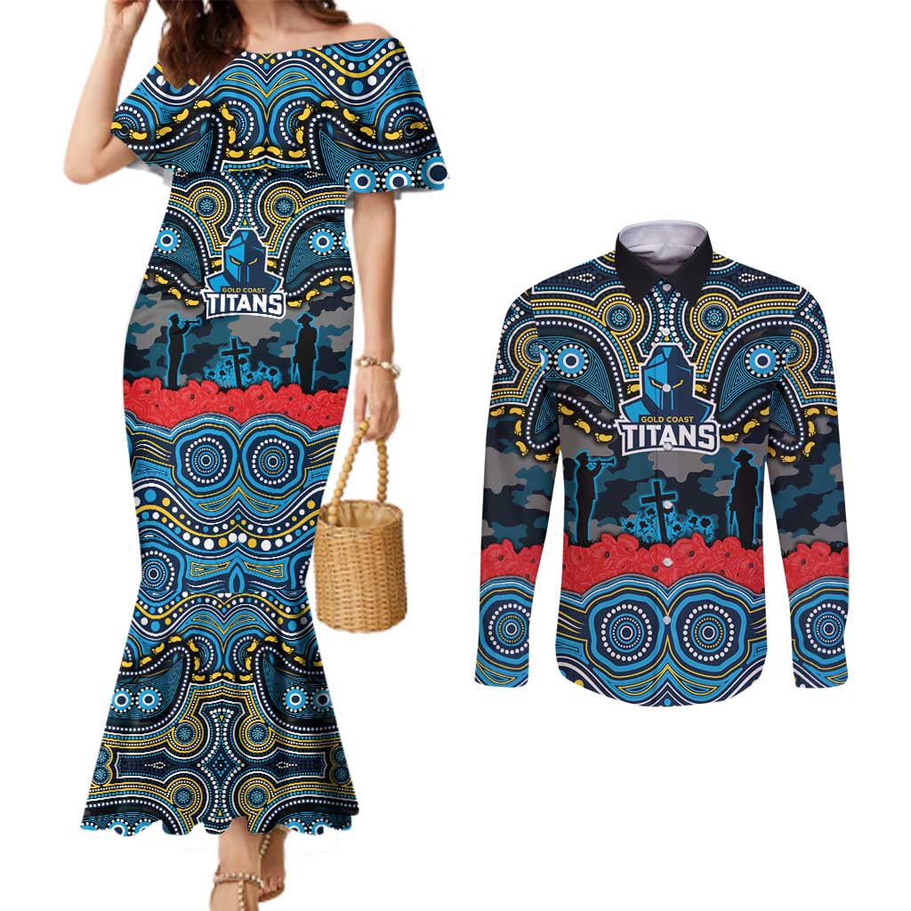 ANZAC Day Gold Coast Titans Couples Matching Mermaid Dress and Long Sleeve Button Shirt Military Memorial Aboriginal Indigenous Art