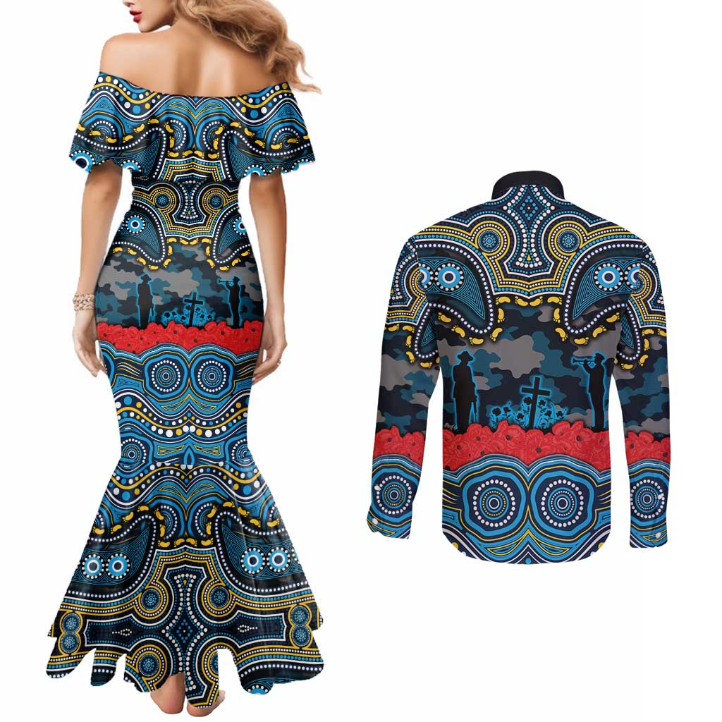 ANZAC Day Gold Coast Titans Couples Matching Mermaid Dress and Long Sleeve Button Shirt Military Memorial Aboriginal Indigenous Art