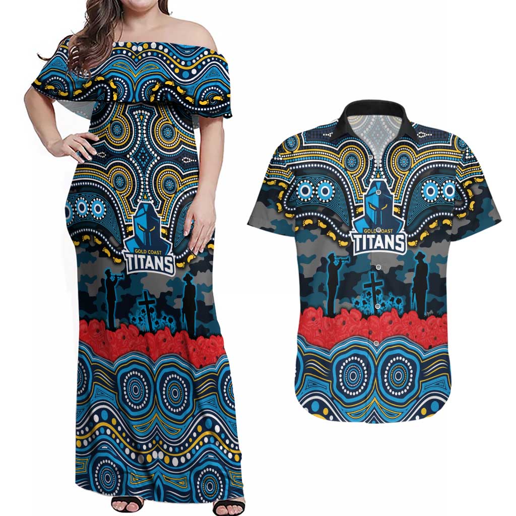 ANZAC Day Gold Coast Titans Couples Matching Off Shoulder Maxi Dress and Hawaiian Shirt Military Memorial Aboriginal Indigenous Art
