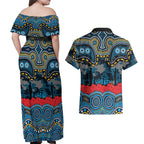 ANZAC Day Gold Coast Titans Couples Matching Off Shoulder Maxi Dress and Hawaiian Shirt Military Memorial Aboriginal Indigenous Art