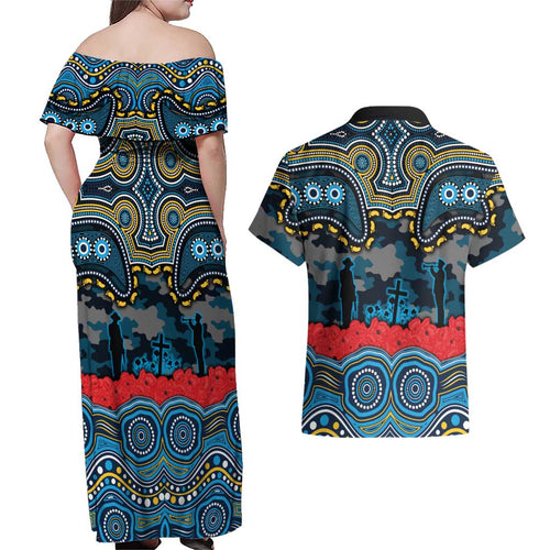 ANZAC Day Gold Coast Titans Couples Matching Off Shoulder Maxi Dress and Hawaiian Shirt Military Memorial Aboriginal Indigenous Art