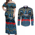 ANZAC Day Gold Coast Titans Couples Matching Off Shoulder Maxi Dress and Long Sleeve Button Shirt Military Memorial Aboriginal Indigenous Art
