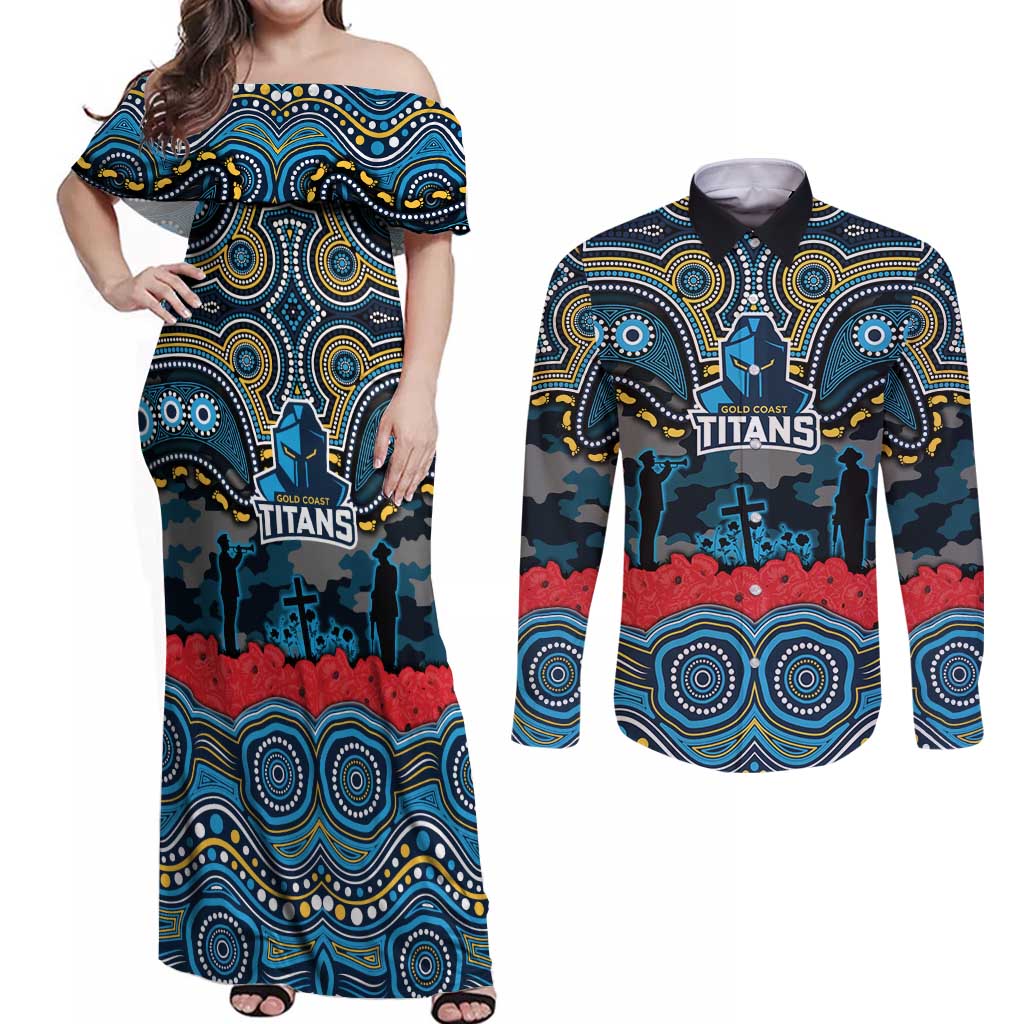 ANZAC Day Gold Coast Titans Couples Matching Off Shoulder Maxi Dress and Long Sleeve Button Shirt Military Memorial Aboriginal Indigenous Art