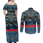ANZAC Day Gold Coast Titans Couples Matching Off Shoulder Maxi Dress and Long Sleeve Button Shirt Military Memorial Aboriginal Indigenous Art