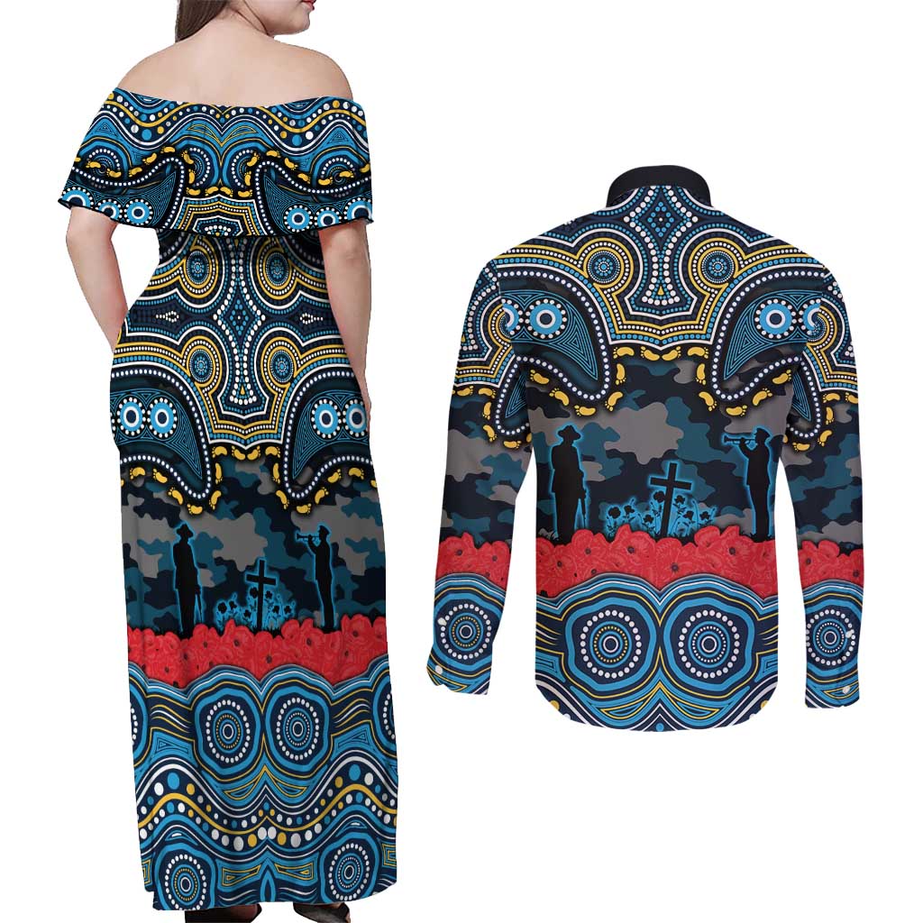 ANZAC Day Gold Coast Titans Couples Matching Off Shoulder Maxi Dress and Long Sleeve Button Shirt Military Memorial Aboriginal Indigenous Art