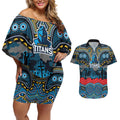 ANZAC Day Gold Coast Titans Couples Matching Off Shoulder Short Dress and Hawaiian Shirt Military Memorial Aboriginal Indigenous Art