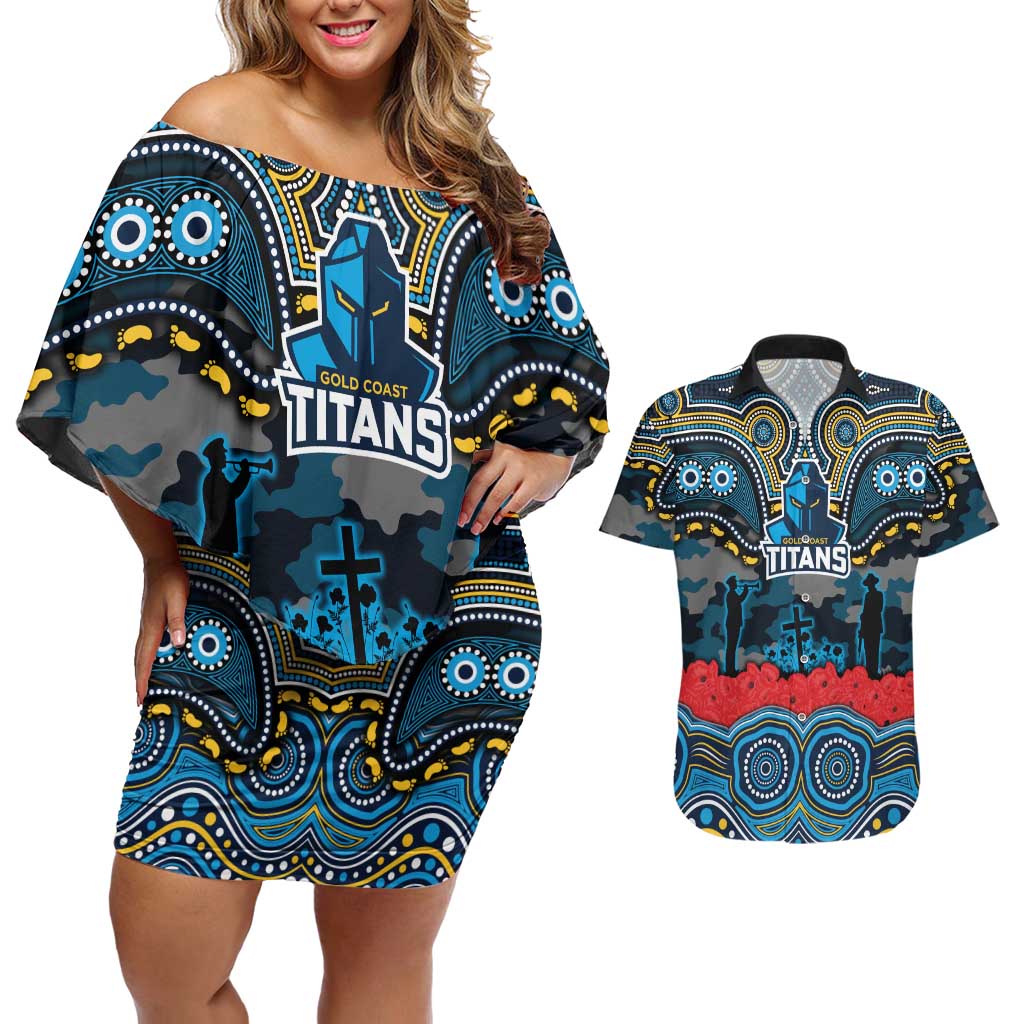 ANZAC Day Gold Coast Titans Couples Matching Off Shoulder Short Dress and Hawaiian Shirt Military Memorial Aboriginal Indigenous Art