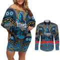 ANZAC Day Gold Coast Titans Couples Matching Off Shoulder Short Dress and Long Sleeve Button Shirt Military Memorial Aboriginal Indigenous Art