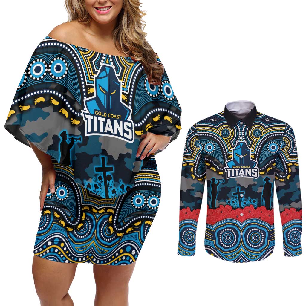 ANZAC Day Gold Coast Titans Couples Matching Off Shoulder Short Dress and Long Sleeve Button Shirt Military Memorial Aboriginal Indigenous Art