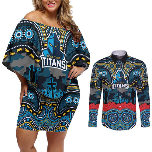 ANZAC Day Gold Coast Titans Couples Matching Off Shoulder Short Dress and Long Sleeve Button Shirt Military Memorial Aboriginal Indigenous Art