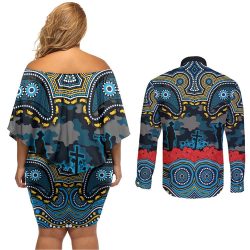 ANZAC Day Gold Coast Titans Couples Matching Off Shoulder Short Dress and Long Sleeve Button Shirt Military Memorial Aboriginal Indigenous Art