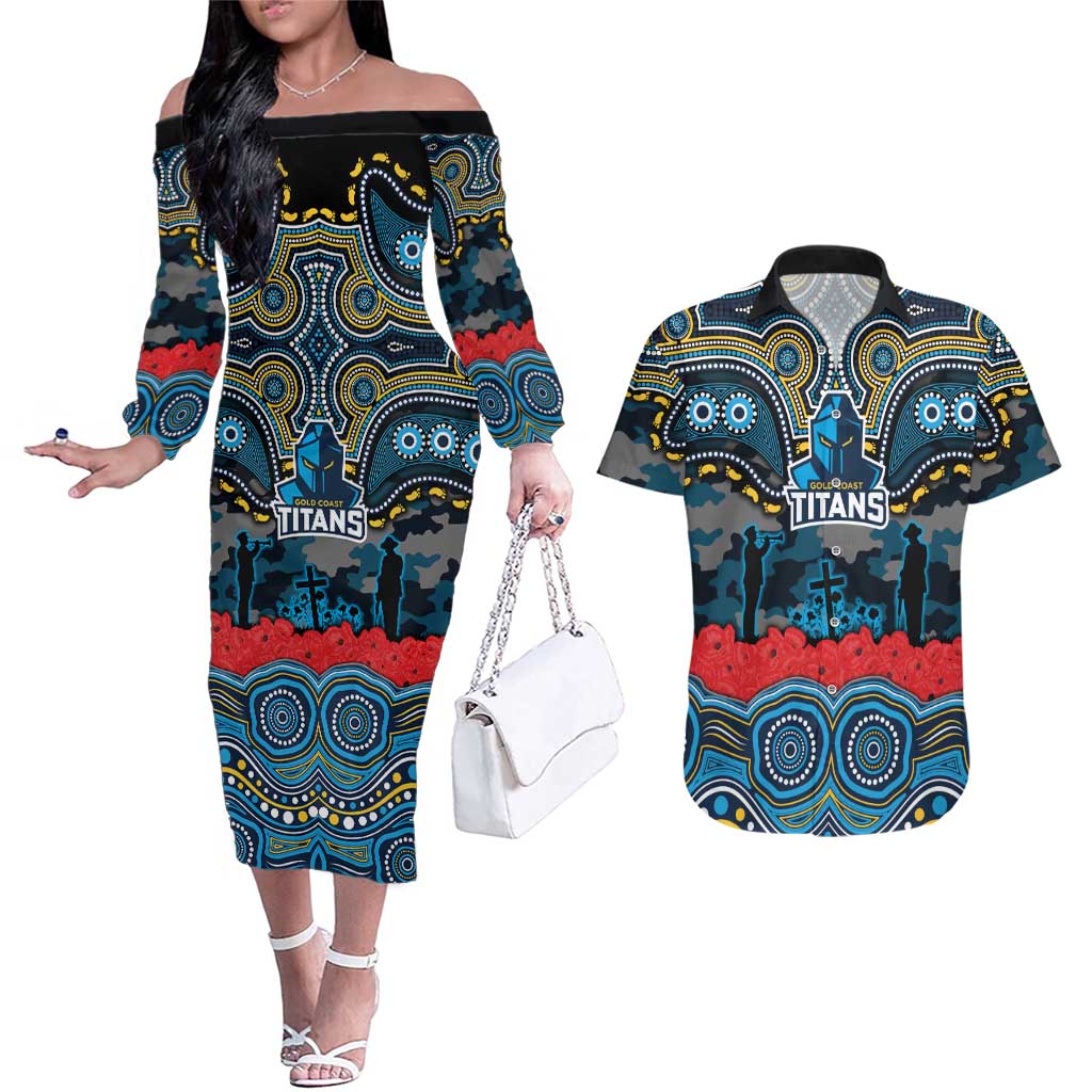 ANZAC Day Gold Coast Titans Couples Matching Off The Shoulder Long Sleeve Dress and Hawaiian Shirt Military Memorial Aboriginal Indigenous Art