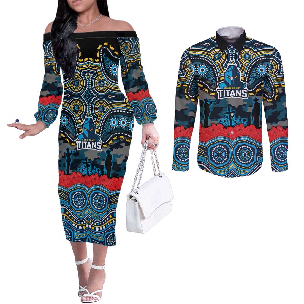 ANZAC Day Gold Coast Titans Couples Matching Off The Shoulder Long Sleeve Dress and Long Sleeve Button Shirt Military Memorial Aboriginal Indigenous Art