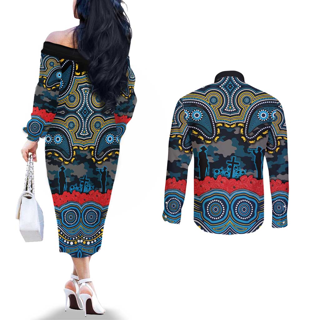ANZAC Day Gold Coast Titans Couples Matching Off The Shoulder Long Sleeve Dress and Long Sleeve Button Shirt Military Memorial Aboriginal Indigenous Art