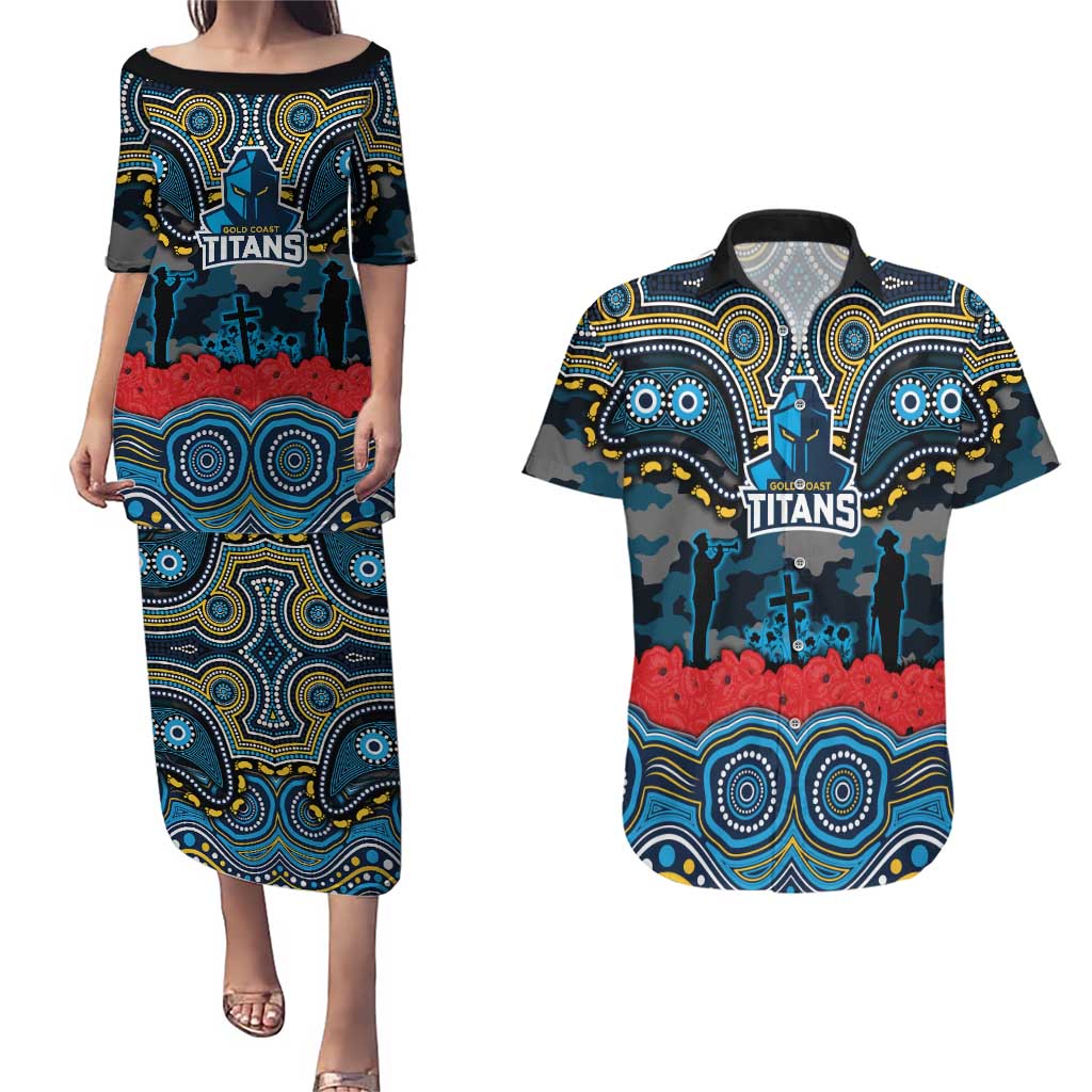 ANZAC Day Gold Coast Titans Couples Matching Puletasi and Hawaiian Shirt Military Memorial Aboriginal Indigenous Art