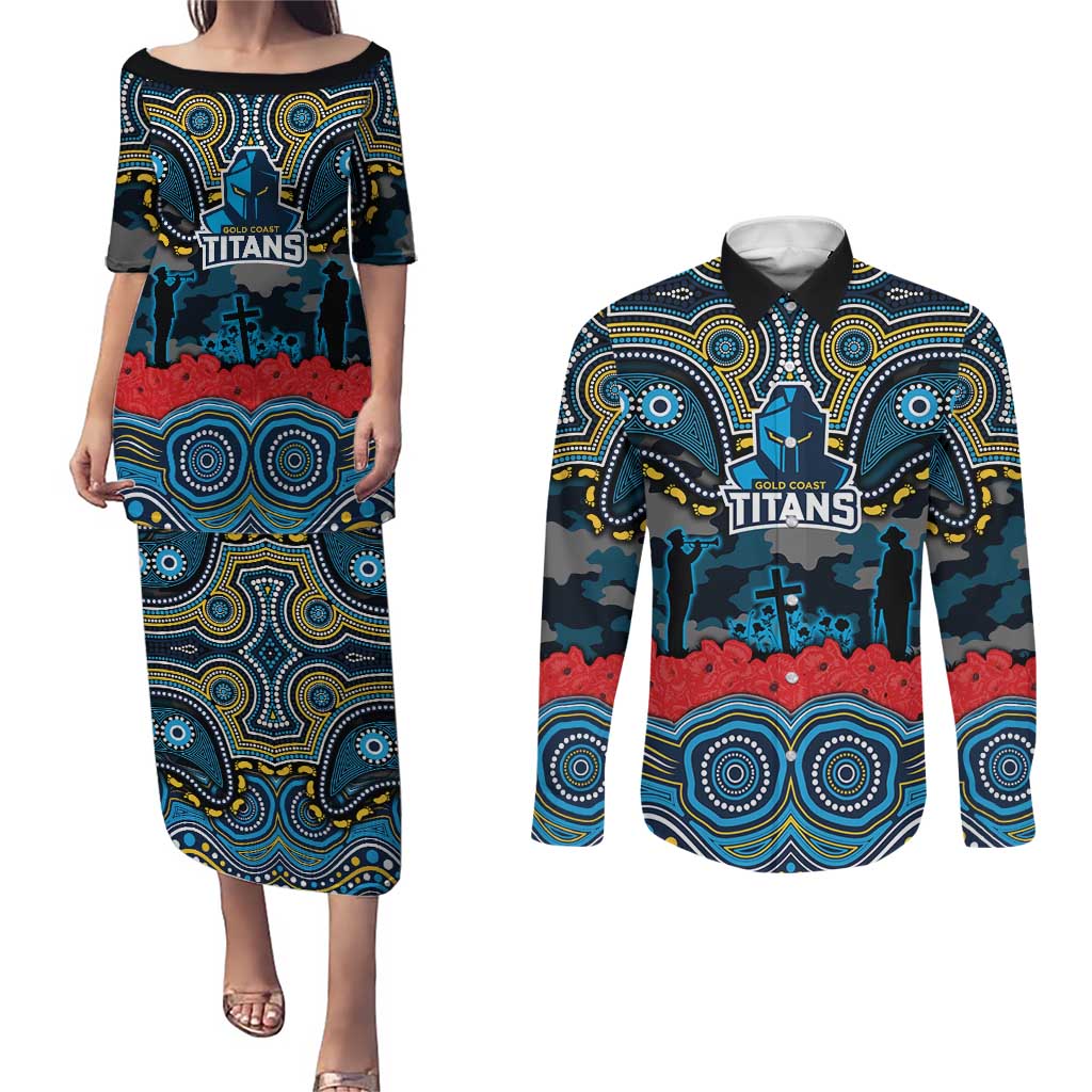 ANZAC Day Gold Coast Titans Couples Matching Puletasi and Long Sleeve Button Shirt Military Memorial Aboriginal Indigenous Art