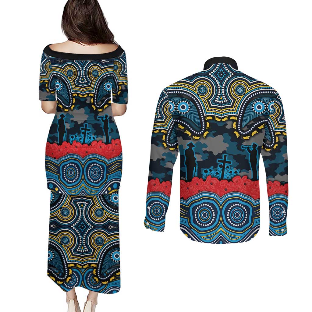 ANZAC Day Gold Coast Titans Couples Matching Puletasi and Long Sleeve Button Shirt Military Memorial Aboriginal Indigenous Art