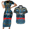 ANZAC Day Gold Coast Titans Couples Matching Short Sleeve Bodycon Dress and Hawaiian Shirt Military Memorial Aboriginal Indigenous Art