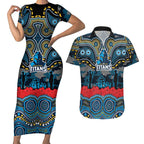 ANZAC Day Gold Coast Titans Couples Matching Short Sleeve Bodycon Dress and Hawaiian Shirt Military Memorial Aboriginal Indigenous Art