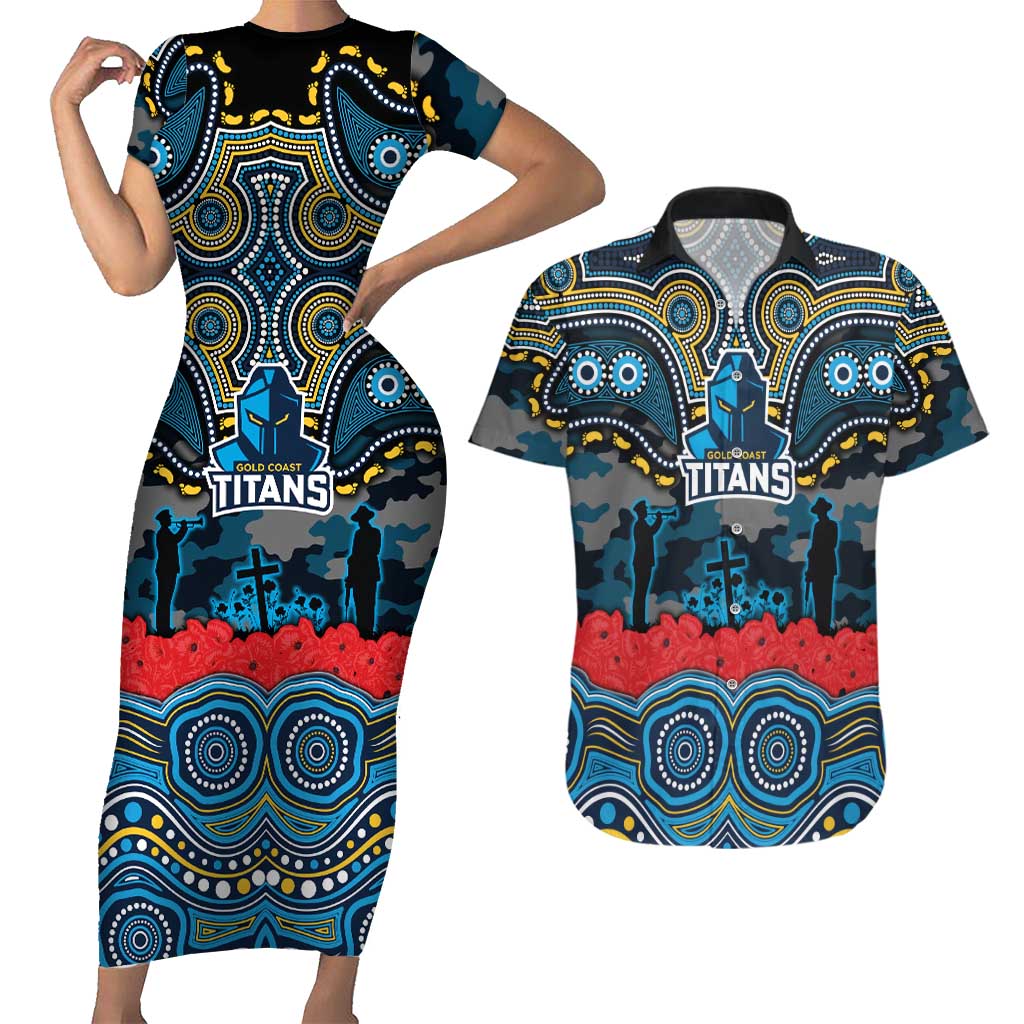 ANZAC Day Gold Coast Titans Couples Matching Short Sleeve Bodycon Dress and Hawaiian Shirt Military Memorial Aboriginal Indigenous Art