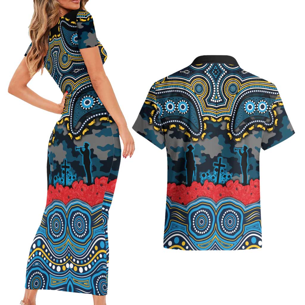 ANZAC Day Gold Coast Titans Couples Matching Short Sleeve Bodycon Dress and Hawaiian Shirt Military Memorial Aboriginal Indigenous Art