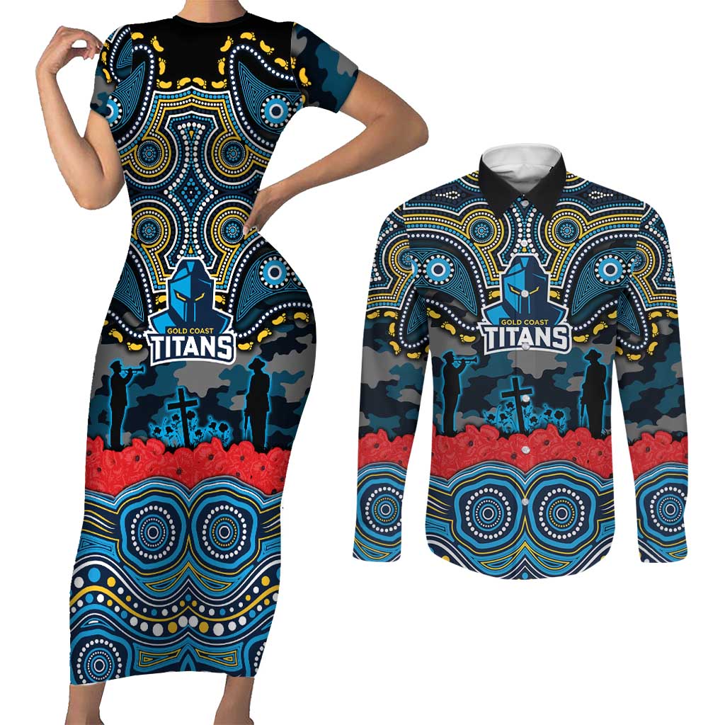 ANZAC Day Gold Coast Titans Couples Matching Short Sleeve Bodycon Dress and Long Sleeve Button Shirt Military Memorial Aboriginal Indigenous Art