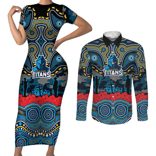 ANZAC Day Gold Coast Titans Couples Matching Short Sleeve Bodycon Dress and Long Sleeve Button Shirt Military Memorial Aboriginal Indigenous Art