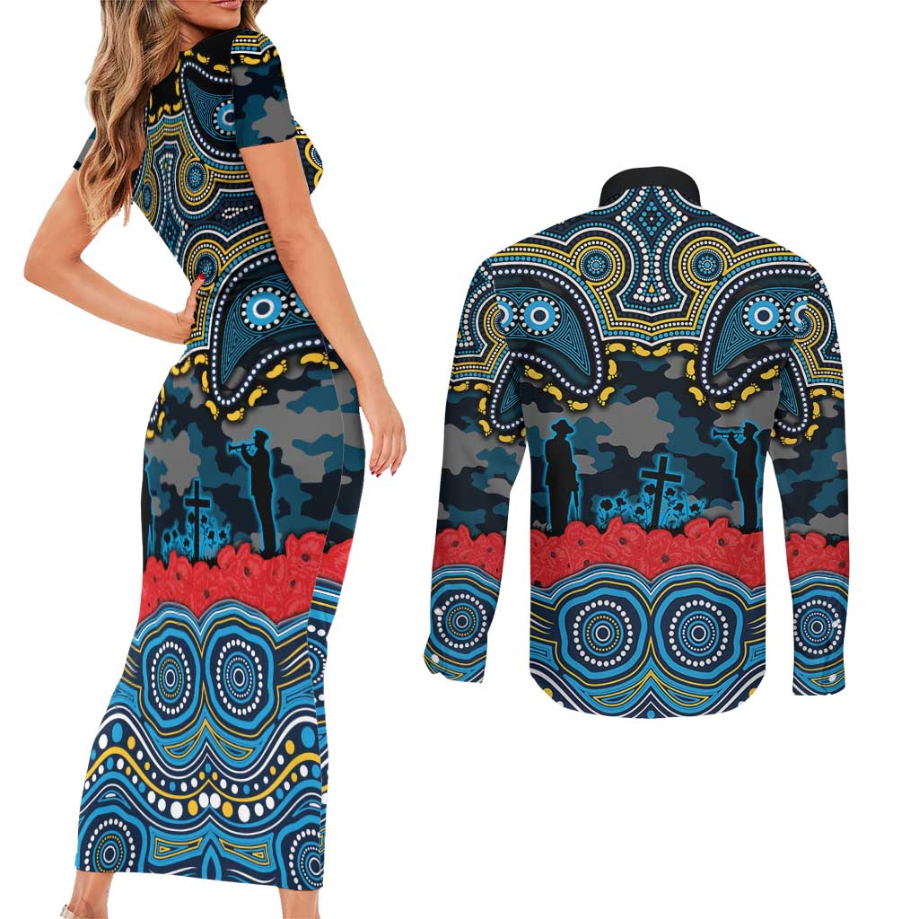 ANZAC Day Gold Coast Titans Couples Matching Short Sleeve Bodycon Dress and Long Sleeve Button Shirt Military Memorial Aboriginal Indigenous Art