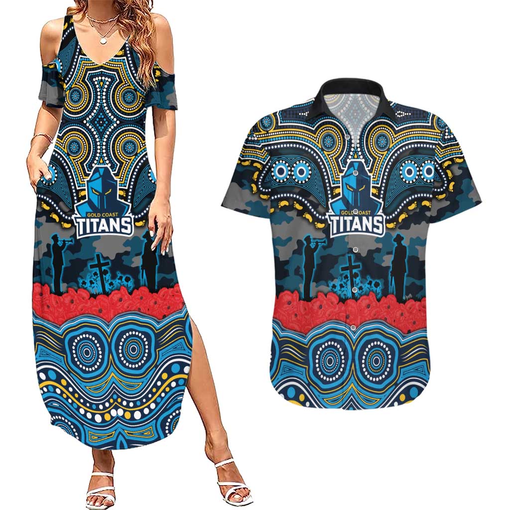ANZAC Day Gold Coast Titans Couples Matching Summer Maxi Dress and Hawaiian Shirt Military Memorial Aboriginal Indigenous Art