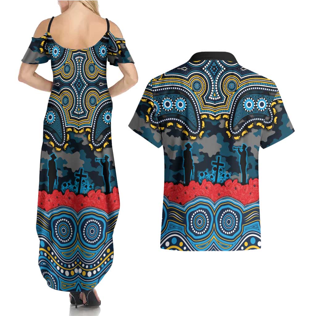 ANZAC Day Gold Coast Titans Couples Matching Summer Maxi Dress and Hawaiian Shirt Military Memorial Aboriginal Indigenous Art