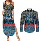 ANZAC Day Gold Coast Titans Couples Matching Summer Maxi Dress and Long Sleeve Button Shirt Military Memorial Aboriginal Indigenous Art