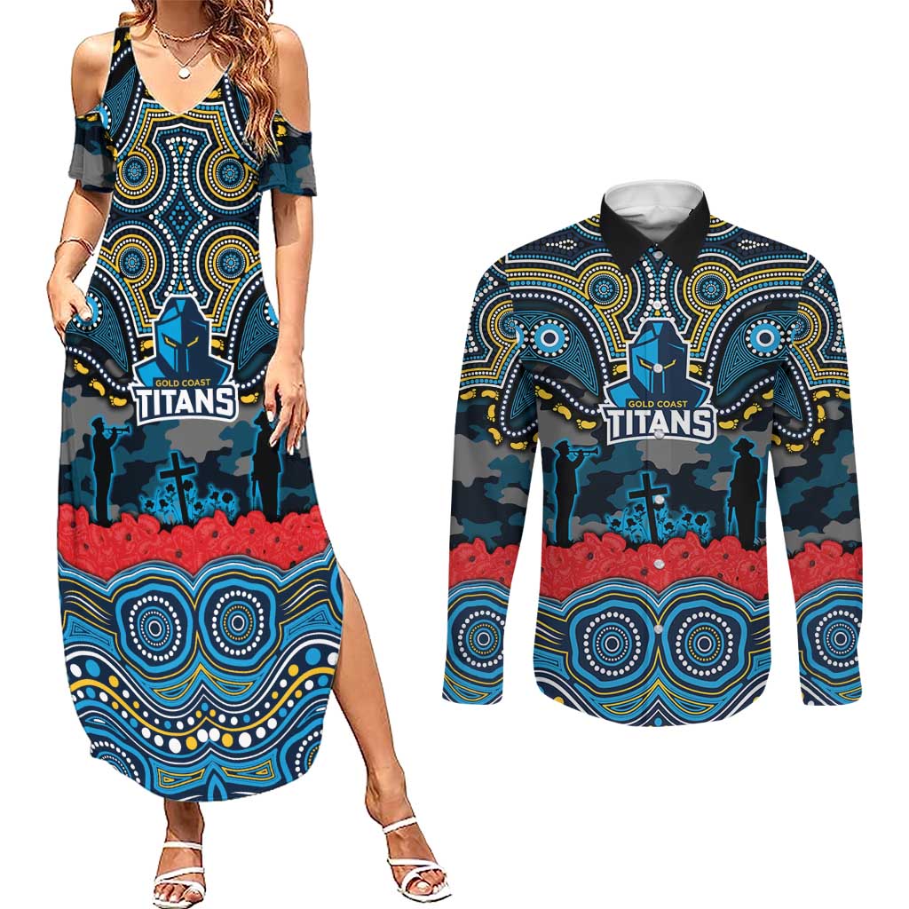 ANZAC Day Gold Coast Titans Couples Matching Summer Maxi Dress and Long Sleeve Button Shirt Military Memorial Aboriginal Indigenous Art
