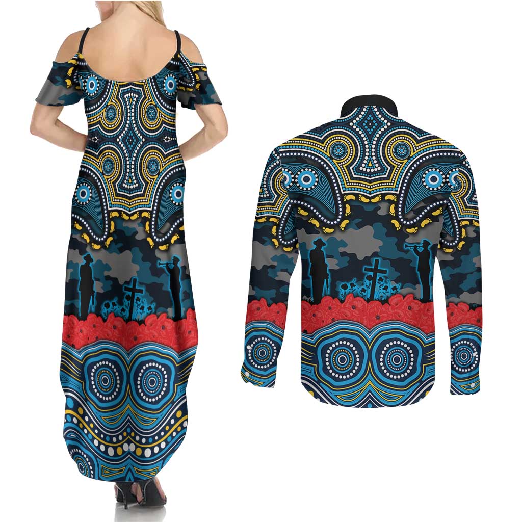 ANZAC Day Gold Coast Titans Couples Matching Summer Maxi Dress and Long Sleeve Button Shirt Military Memorial Aboriginal Indigenous Art