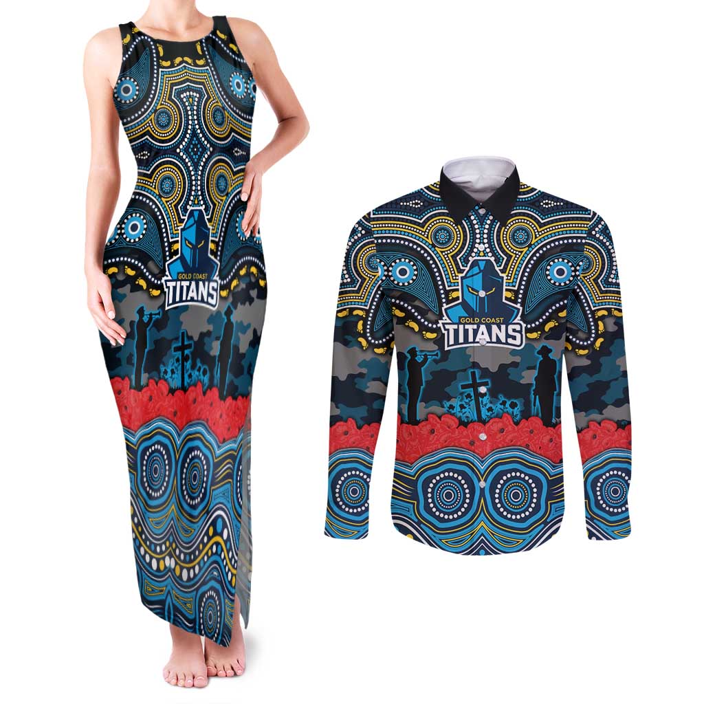 ANZAC Day Gold Coast Titans Couples Matching Tank Maxi Dress and Long Sleeve Button Shirt Military Memorial Aboriginal Indigenous Art