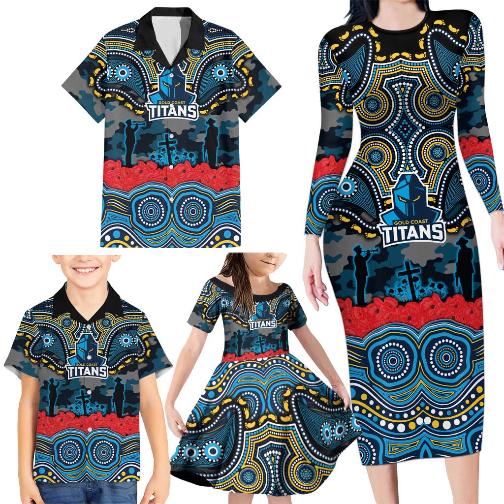 ANZAC Day Gold Coast Titans Family Matching Long Sleeve Bodycon Dress and Hawaiian Shirt Military Memorial Aboriginal Indigenous Art