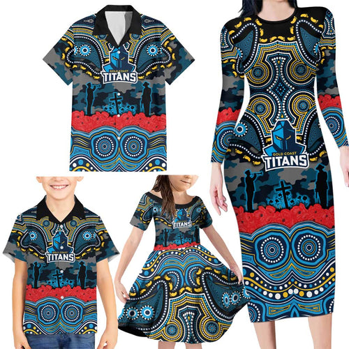 ANZAC Day Gold Coast Titans Family Matching Long Sleeve Bodycon Dress and Hawaiian Shirt Military Memorial Aboriginal Indigenous Art