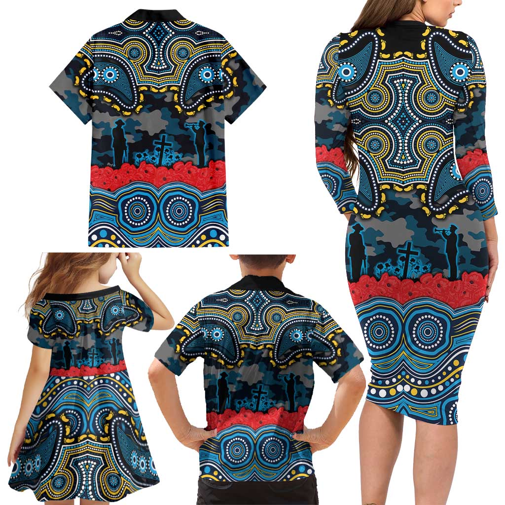ANZAC Day Gold Coast Titans Family Matching Long Sleeve Bodycon Dress and Hawaiian Shirt Military Memorial Aboriginal Indigenous Art