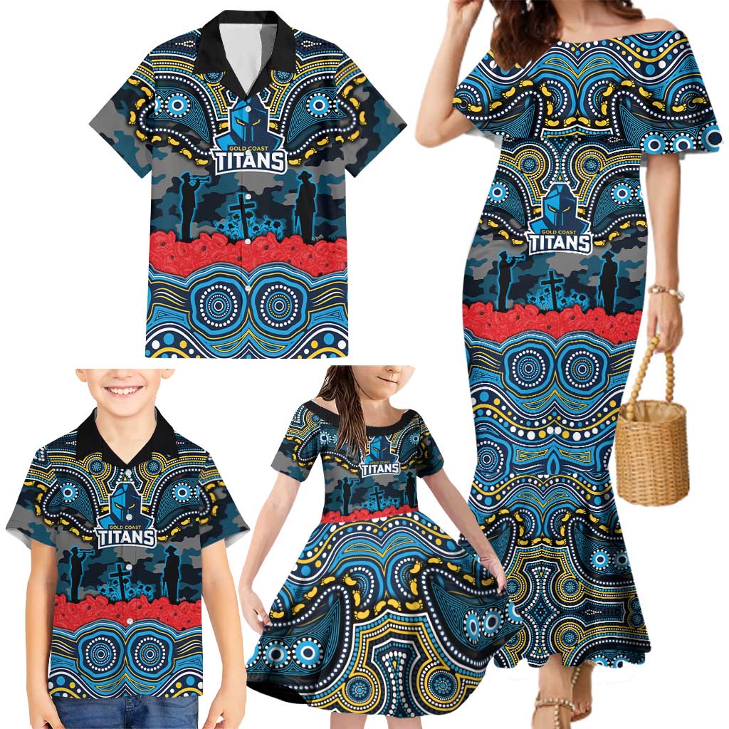 ANZAC Day Gold Coast Titans Family Matching Mermaid Dress and Hawaiian Shirt Military Memorial Aboriginal Indigenous Art