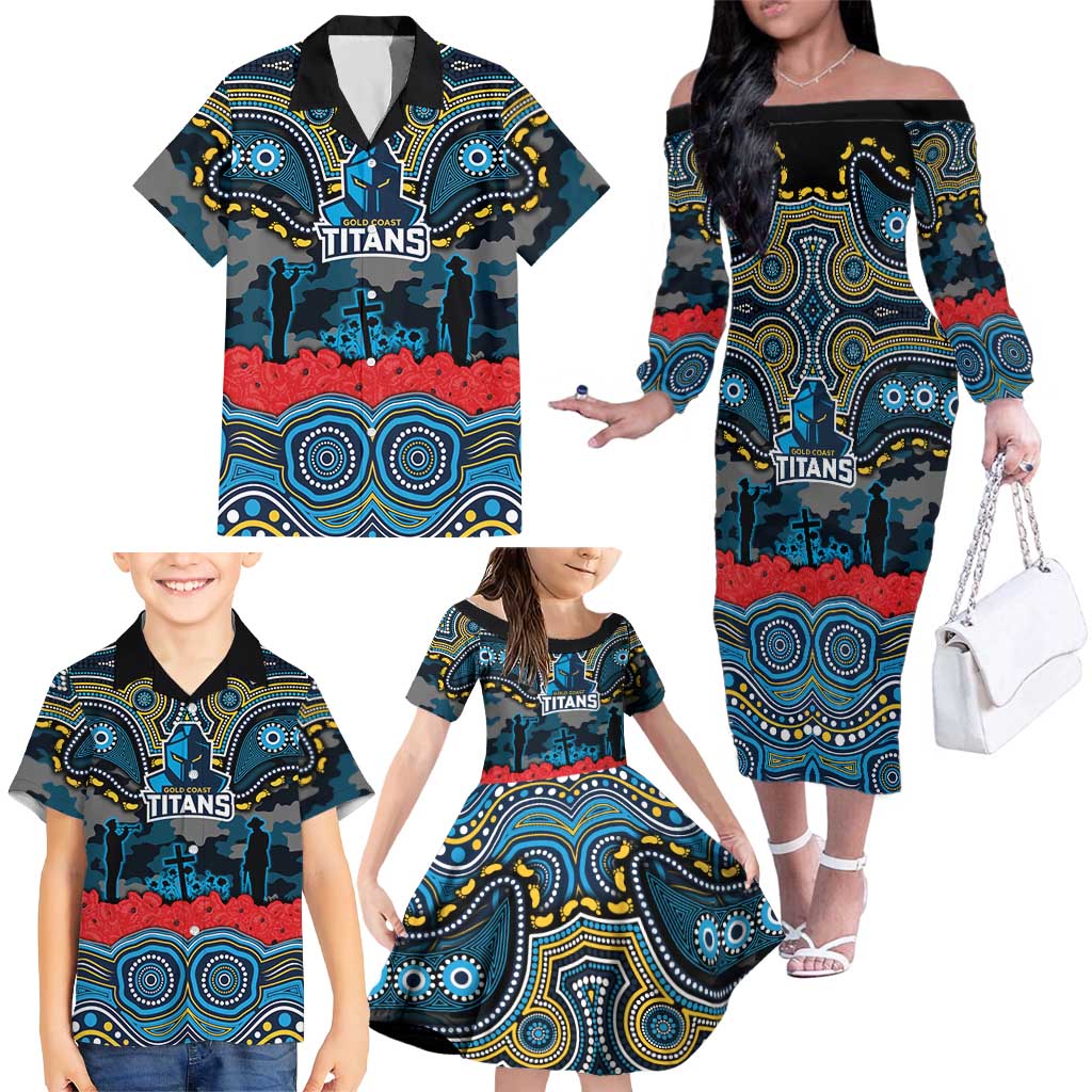 ANZAC Day Gold Coast Titans Family Matching Off The Shoulder Long Sleeve Dress and Hawaiian Shirt Military Memorial Aboriginal Indigenous Art