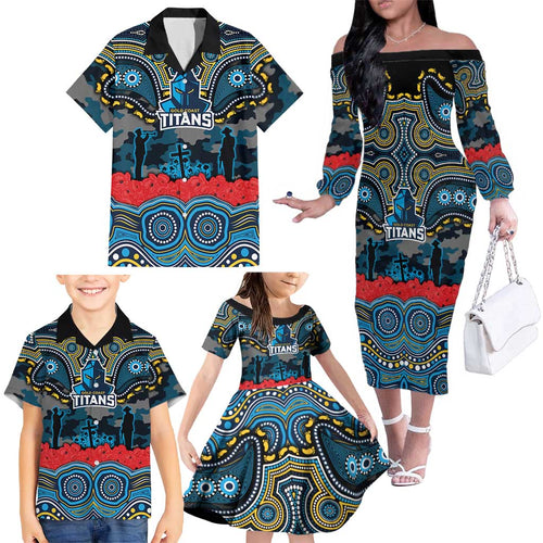 ANZAC Day Gold Coast Titans Family Matching Off The Shoulder Long Sleeve Dress and Hawaiian Shirt Military Memorial Aboriginal Indigenous Art