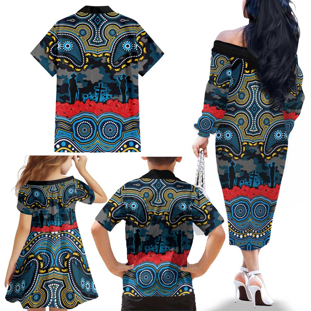 ANZAC Day Gold Coast Titans Family Matching Off The Shoulder Long Sleeve Dress and Hawaiian Shirt Military Memorial Aboriginal Indigenous Art