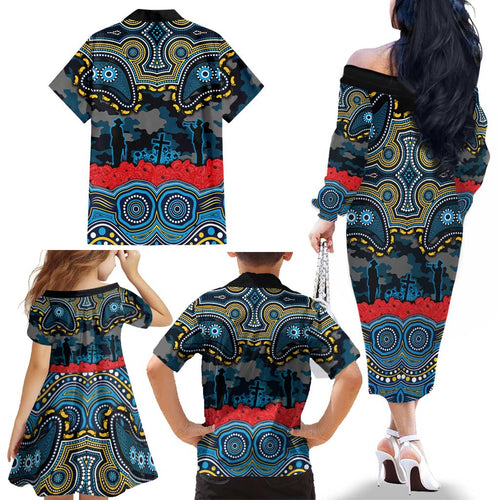 ANZAC Day Gold Coast Titans Family Matching Off The Shoulder Long Sleeve Dress and Hawaiian Shirt Military Memorial Aboriginal Indigenous Art
