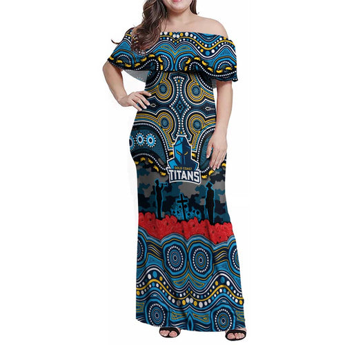 ANZAC Day Gold Coast Titans Family Matching Off Shoulder Maxi Dress and Hawaiian Shirt Military Memorial Aboriginal Indigenous Art