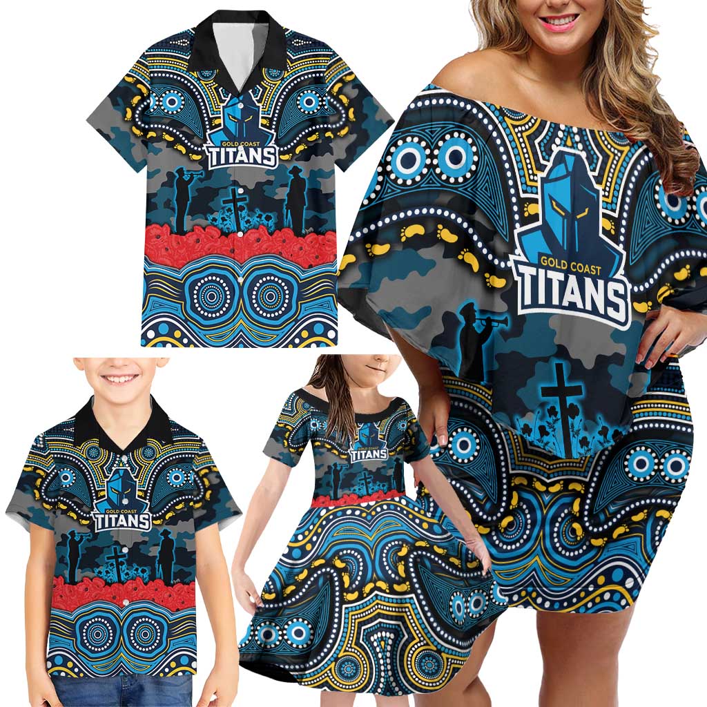 ANZAC Day Gold Coast Titans Family Matching Off Shoulder Short Dress and Hawaiian Shirt Military Memorial Aboriginal Indigenous Art