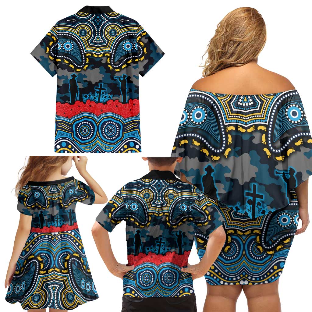 ANZAC Day Gold Coast Titans Family Matching Off Shoulder Short Dress and Hawaiian Shirt Military Memorial Aboriginal Indigenous Art