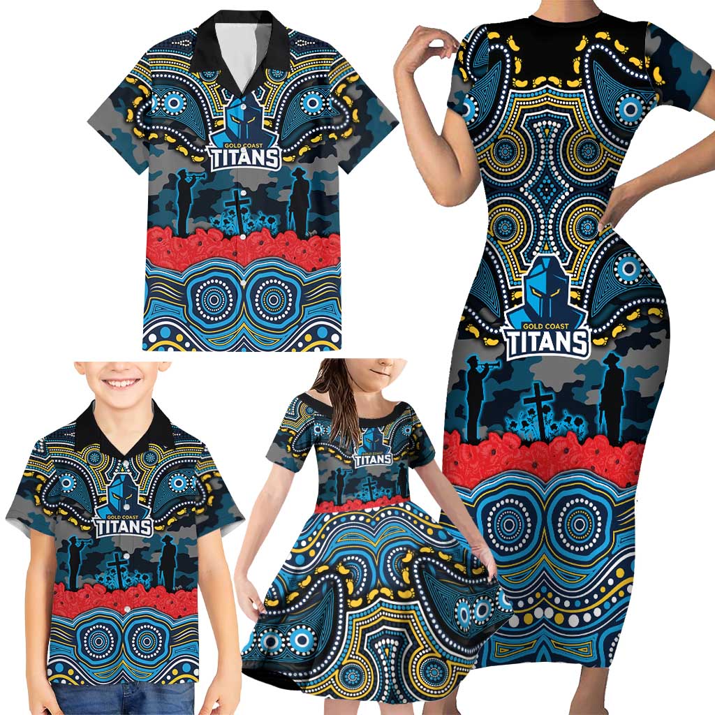 ANZAC Day Gold Coast Titans Family Matching Short Sleeve Bodycon Dress and Hawaiian Shirt Military Memorial Aboriginal Indigenous Art