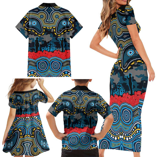 ANZAC Day Gold Coast Titans Family Matching Short Sleeve Bodycon Dress and Hawaiian Shirt Military Memorial Aboriginal Indigenous Art