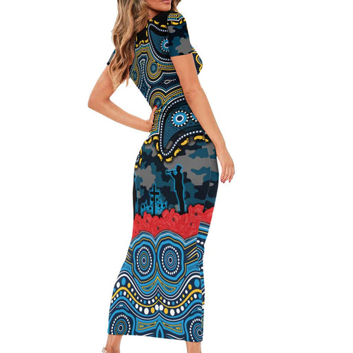 ANZAC Day Gold Coast Titans Family Matching Short Sleeve Bodycon Dress and Hawaiian Shirt Military Memorial Aboriginal Indigenous Art