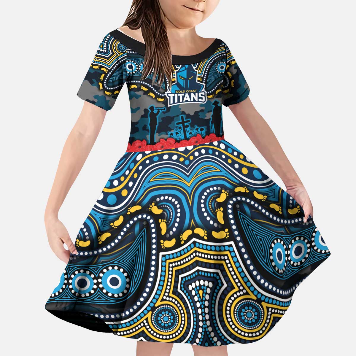 ANZAC Day Gold Coast Titans Kid Short Sleeve Dress Military Memorial Aboriginal Indigenous Art