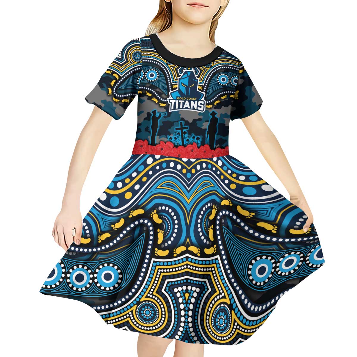ANZAC Day Gold Coast Titans Kid Short Sleeve Dress Military Memorial Aboriginal Indigenous Art